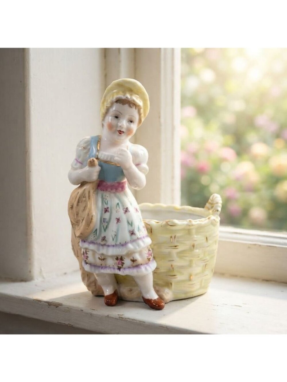 Vintage Occupied Japan Figural Girl with Basket Planter Porcelain Figurine